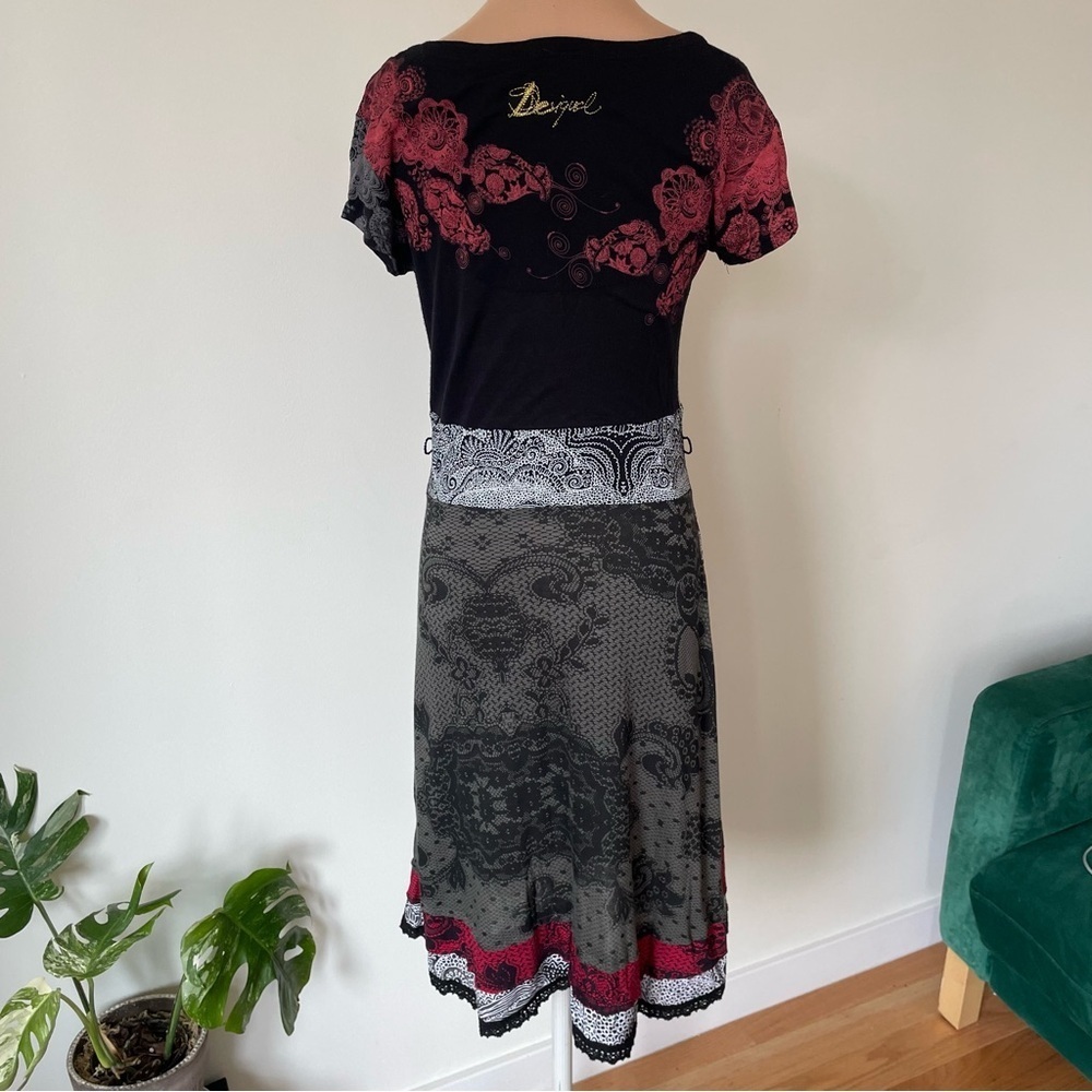 Desigual Myrcella Cap Sleeve Graphic Lace Floral Print Viscose AL-Line Dress S - Picture 3 of 10